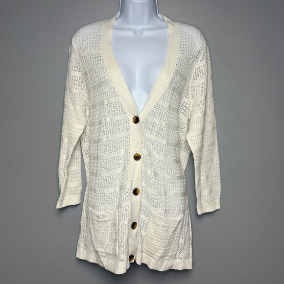Lands' End Sweaters - NWT Lands End White Linen Blend Nautical Beachy Open Knit Womens Cardigan Sz L